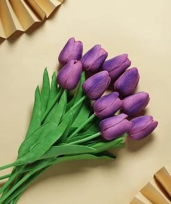 HIER_1150 Home Décor 10 Stems | 13" Eggplant Real Touch Artificial Foam Tulip Flowers
