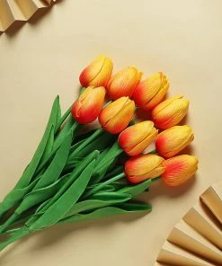 HIER_1150 10 Stems | 13" Orange Real Touch Artificial Foam Tulip Flower Bouquets