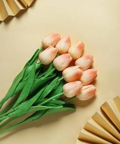 HIER_1150 10 Stems | 13" Peach Real Touch Artificial Foam Tulip Flower Bouquets Artificial Flower & Plants