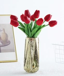 HIER_1150 10 Stems | 13" Red Real Touch Artificial Foam Tulip Flower Bouquets