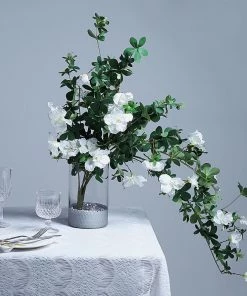 HIER_1150 30" White Artificial Silk Hanging Rhododendron Flower Vine Bush