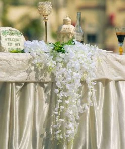 HIER_1210 Chargers & Centerpieces 5 Pack | 44" White Artificial Silk Hanging Wisteria Flower Vines