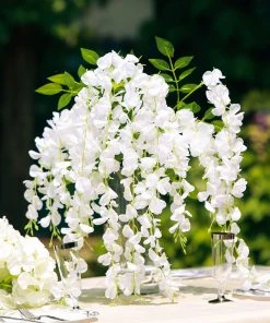 HIER_1210 Chargers & Centerpieces 5 Pack | 44" White Artificial Silk Hanging Wisteria Flower Vines