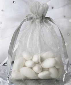 HIER_5350 10 Pack | 4" Silver Organza Drawstring Wedding Party Favor Gift Bags