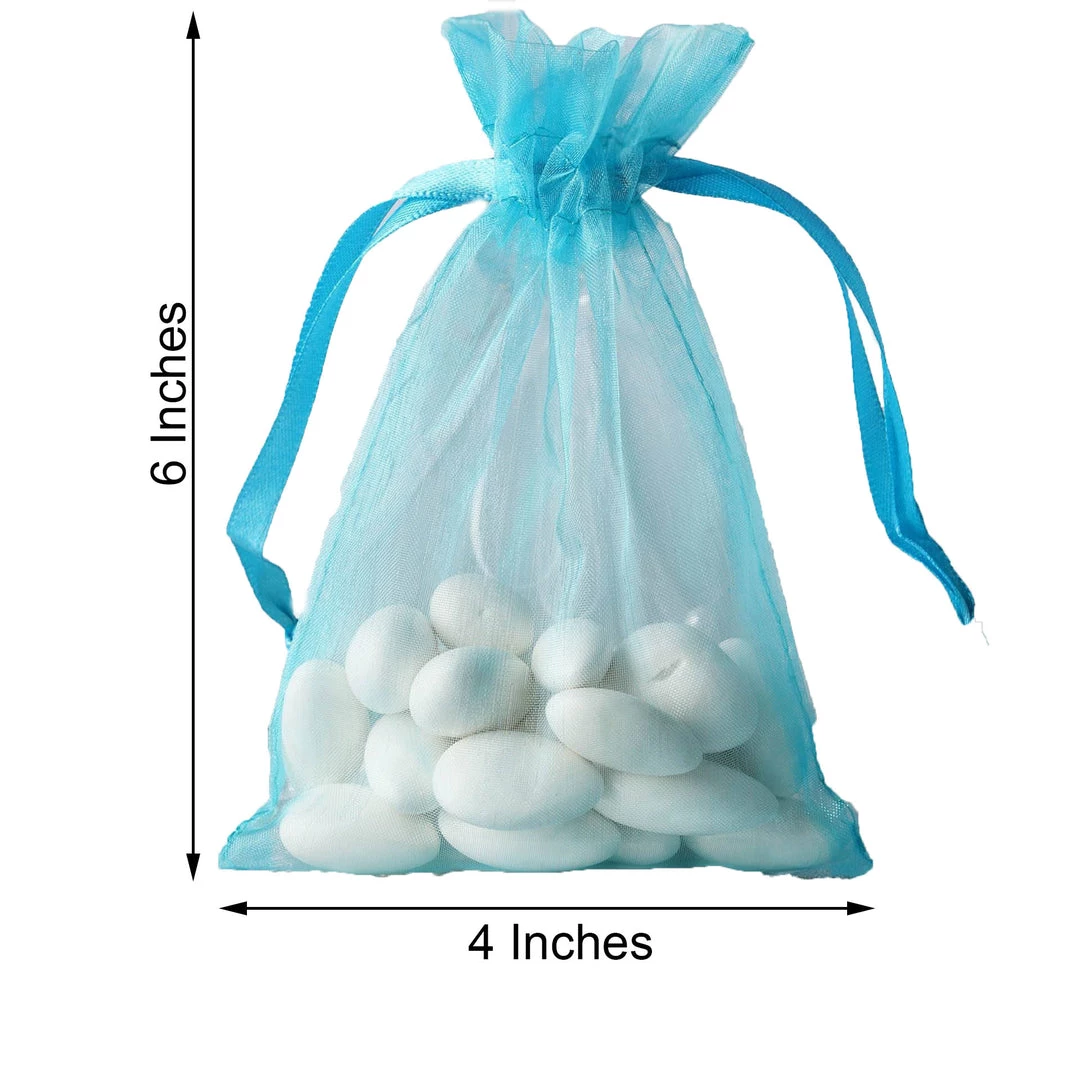 HIER_5350 10 Pack | 4" Turquoise Organza Drawstring Wedding Party Favor Gift Bag Tabletop Decor 3 HIER_5350 10 Pack | 4" Turquoise Organza Drawstring Wedding Party Favor Gift Bag Tabletop Decor