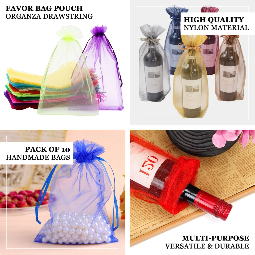 HIER_5350 10 Pack | 6"x15" Silver Organza Drawstring Party Favor Wine Gift Bags 4 HIER_5350 10 Pack | 6"x15" Silver Organza Drawstring Party Favor Wine Gift Bags