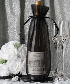 HIER_5350 10 Pack | 6"x15" Black Organza Drawstring Party Favor Wine Gift Bags