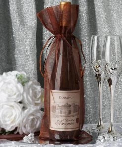 HIER_5350 Tabletop Decor 10 Pack | 6"x15" Chocolate Organza Drawstring Party Favor Wine Bags