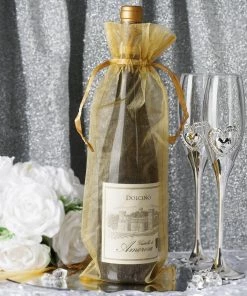 HIER_5350 10 Pack | 6"x15" Gold Organza Drawstring Party Favor Wine Gift Bags Tabletop Decor