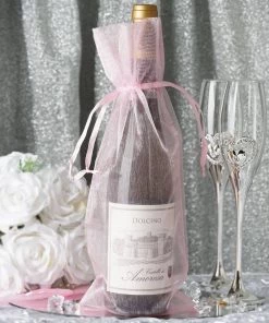 HIER_5350 10 Pack | 6"x15" Pink Organza Drawstring Party Favor Wine Gift Bags Tabletop Decor