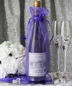 HIER_5350 10 Pack | 6"x15" Purple Organza Drawstring Party Favor Wine Gift Bags