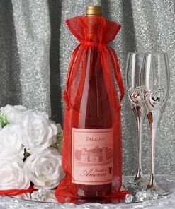 HIER_5350 10 Pack | 6"x15" Red Organza Drawstring Party Favor Wine Gift Bags Tabletop Decor