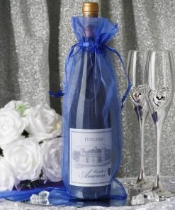 HIER_5350 Tabletop Decor 10 Pack | 6"x15" Royal Blue Organza Drawstring Party Favor Wine Bags