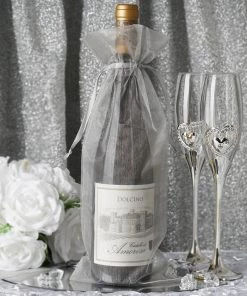 HIER_5350 10 Pack | 6"x15" Silver Organza Drawstring Party Favor Wine Gift Bags