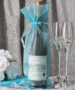HIER_5350 10 Pack | 6"x15" Turquoise Organza Drawstring Party Favor Wine Bags Tabletop Decor