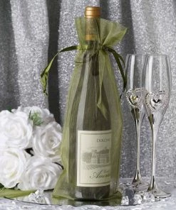 HIER_5350 10 Pack | 6"x15" Olive Green Organza Drawstring Party Favor Wine Bags