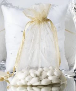 HIER_5350 10 Pack | 6"x9" Champagne Organza Drawstring Wedding Party Favor Bags