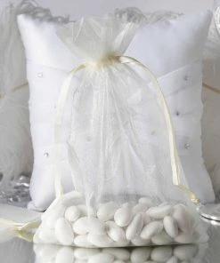 HIER_5350 Tabletop Decor Pack Of 10 | 6"x9" Ivory Organza Drawstring Pouch Candy Favor Bags | Gift Bags For Wedding Favors
