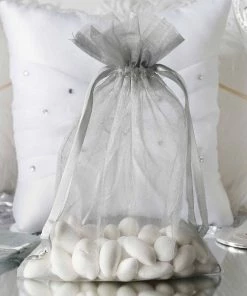 HIER_5350 Tabletop Decor 10 Pack | 6"x9" Silver Organza Drawstring Wedding Party Favor Gift Bag