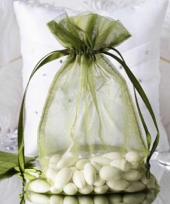 HIER_5350 Tabletop Decor 10 Pack | 6"x9" Olive Green Organza Drawstring Wedding Party Favor Bag