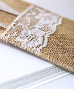 HIER_2210 10 Pack | 4"x8" Natural Burlap/Lace Single Set Silverware Holder Pouch 13 HIER_2210 10 Pack | 4