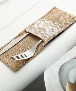 HIER_2210 10 Pack | 4"x8" Natural Burlap/Lace Single Set Silverware Holder Pouch