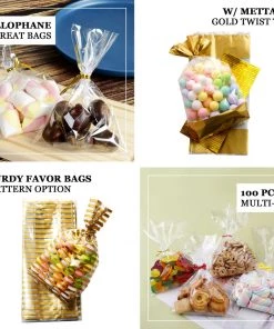 HIER_5350 Tabletop Decor 100 Pcs | 4"x9" Clear/Silver Gift Goodie Candy Treat Bags & Twist Ties 15 HIER_5350 Tabletop Decor 100 Pcs | 4