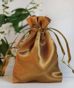 HIER_5350 12 Pack | 3" Antique Gold Satin Drawstring Wedding Party Favor Bags