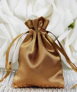 HIER_5350 12 Pack | 3" Antique Gold Satin Drawstring Wedding Party Favor Bags