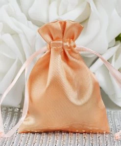 HIER_5350 12 Pack | 3" Peach Satin Drawstring Pouch Wedding Party Favor Gift Bag