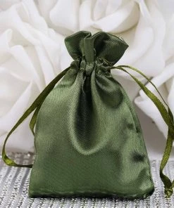 HIER_5350 12 Pack | 3" Olive Green Satin Drawstring Wedding Party Favor Gift Bag Tabletop Decor