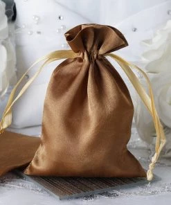 HIER_5350 12 Pack | 4" Antique Gold Satin Drawstring Wedding Party Favor Bags Tabletop Decor