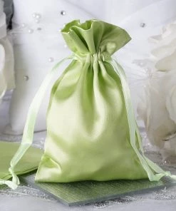 HIER_5350 12 Pack | 4" Apple Green Satin Drawstring Wedding Party Favor Bags Tabletop Decor
