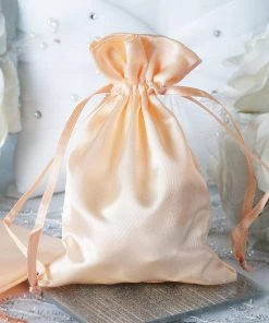 HIER_5350 12 Pack | 4" Peach Satin Drawstring Pouch Wedding Party Favor Gift Bag Tabletop Decor