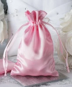 HIER_5350 12 Pack | 4" Pink Satin Drawstring Pouch Wedding Party Favor Gift Bags