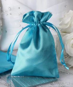 HIER_5350 12 Pack | 4" Turquoise Satin Drawstring Wedding Party Favor Gift Bags Tabletop Decor