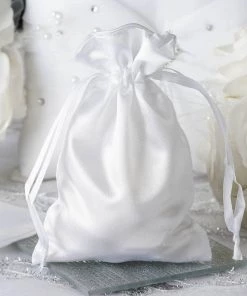 HIER_5350 12 Pack | 4" White Satin Drawstring Wedding Party Favor Gift Bags Tabletop Decor