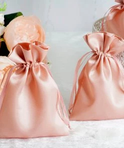HIER_5350 12 Pack | 5" Dusty Rose Satin Drawstring Wedding Party Favor Gift Bags
