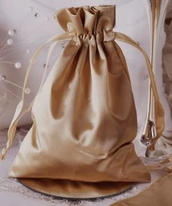 HIER_5350 12 Pack | 5" Antique Gold Satin Drawstring Wedding Party Favor Bags