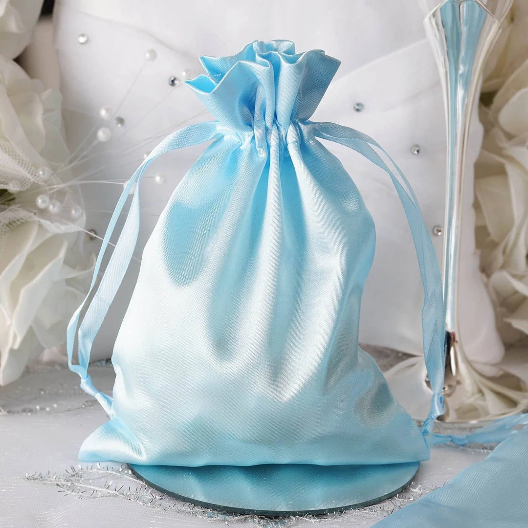 HIER_5350 12 Pack | 5" Baby Blue Satin Drawstring Wedding Party Favor Gift Bags Tabletop Decor 1 HIER_5350 12 Pack | 5" Baby Blue Satin Drawstring Wedding Party Favor Gift Bags Tabletop Decor
