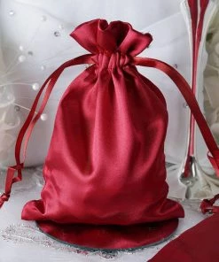 HIER_5350 12 Pack | 5" Burgundy Satin Drawstring Wedding Party Favor Gift Bags