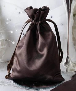 HIER_5350 12 Pack | 5" Chocolate Satin Drawstring Wedding Party Favor Gift Bags