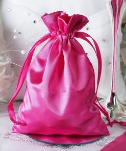 HIER_5350 12 Pack | 5" Fuchsia Satin Drawstring Wedding Party Favor Gift Bags