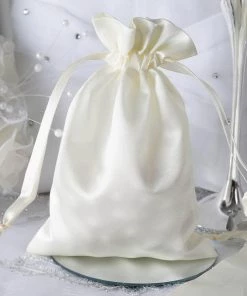 HIER_5350 12 Pack | 5" Ivory Satin Drawstring Pouch Wedding Party Favor Gift Bag
