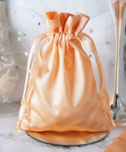 HIER_5350 Tabletop Decor 12 Pack | 5" Peach Satin Drawstring Pouch Wedding Party Favor Gift Bag