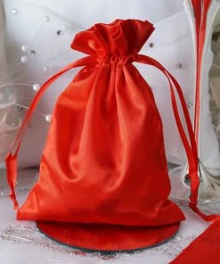 HIER_5350 12 Pack | 5" Red Satin Drawstring Pouch Wedding Party Favor Gift Bags Tabletop Decor