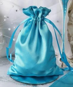HIER_5350 Tabletop Decor 12 Pack | 5" Turquoise Satin Drawstring Wedding Party Favor Gift Bags