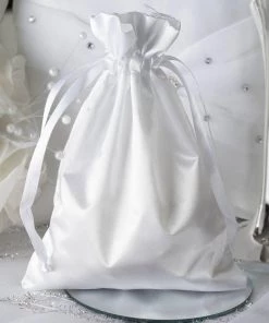 HIER_5350 Tabletop Decor 12 Pack | 5" White Satin Drawstring Wedding Party Favor Gift Bags