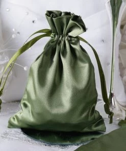 HIER_5350 Tabletop Decor 12 Pack | 5" Olive Green Satin Drawstring Wedding Party Favor Gift Bag