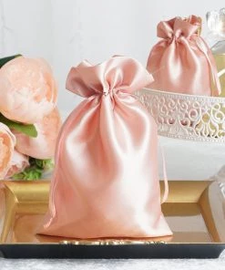HIER_5350 12 Pack | 6" Dusty Rose Satin Drawstring Wedding Party Favor Gift Bags